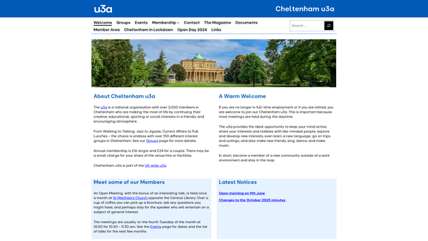 Screenshot of the U3A University Of The Third Age, Cheltenham Branch website