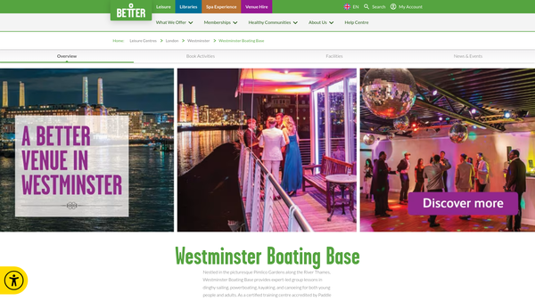 Screenshot of the Westminster Boating Base website