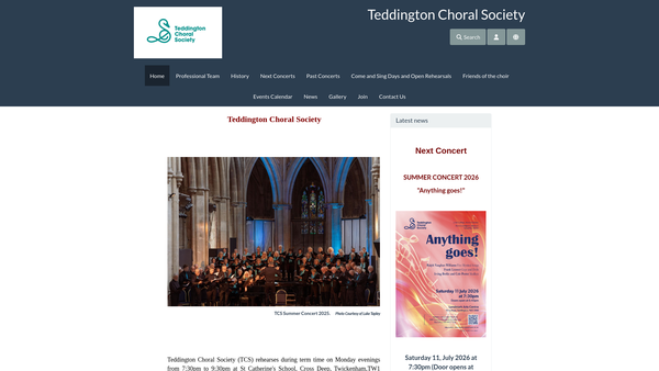 Screenshot of the Teddington Choral Society website