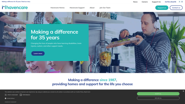Screenshot of the Havencare Homes and Support Limited website