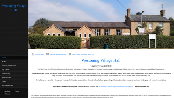 Screenshot of the Westoning Village Hall (Spensley Trust) website