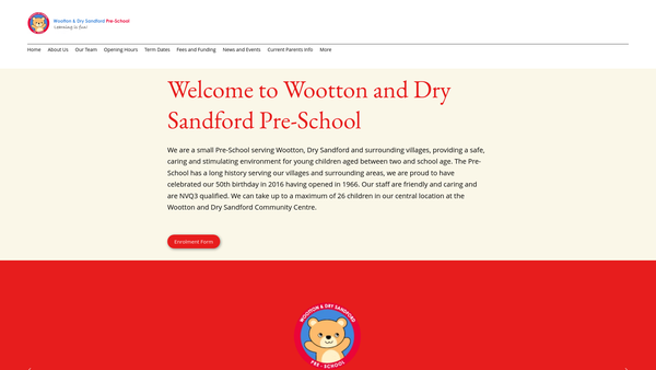 Screenshot of the Wootton/dry Sandford Pre-School Playgroup Association website