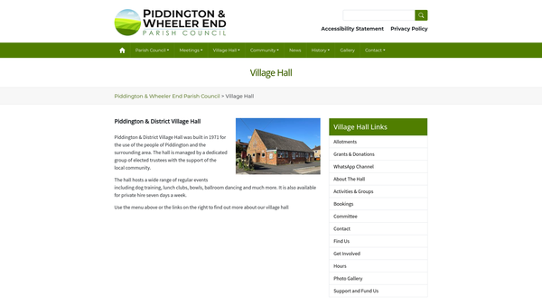 Screenshot of the Piddington Village Hall website