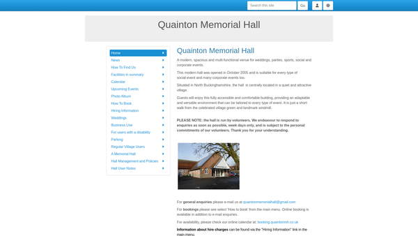 Screenshot of the Quainton Memorial Hall website