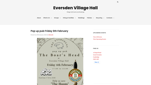 Screenshot of the Eversdens' Village Hall website