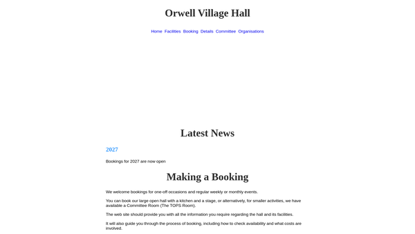 Screenshot of the Orwell Village Hall website