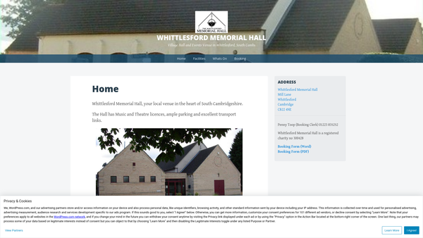 Screenshot of the Whittlesford Memorial Hall website
