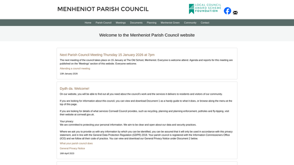Screenshot of the Menheniot Playing Field website