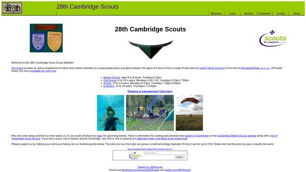 Screenshot of the 28th Cambridge (St John's) Scout Group website