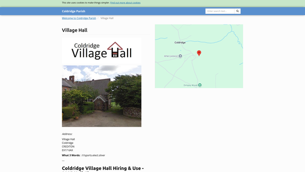 Screenshot of the Coldridge Village Hall website