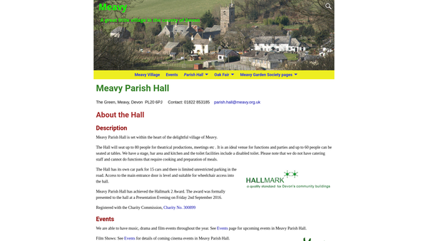 Screenshot of the Meavy Parish Hall website