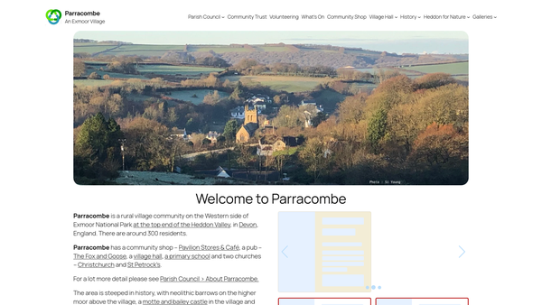 Screenshot of the Parracombe Village Charitable Trust website