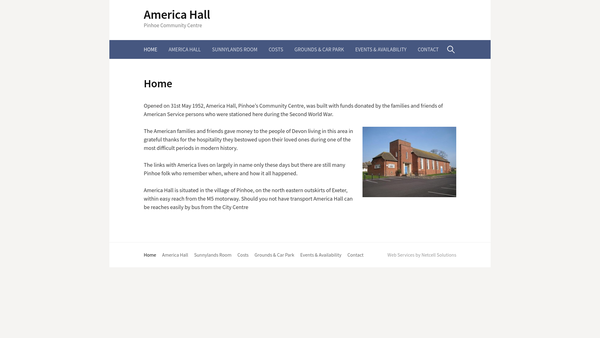 Screenshot of the Pinhoe Community Centre - America Hall website
