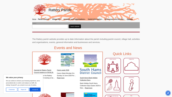 Screenshot of the The Rattery Village Hall website
