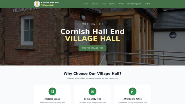 Screenshot of the Cornish Hall End Village Hall website