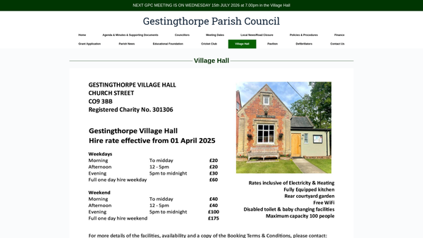 Screenshot of the Gestingthorpe Village Hall website