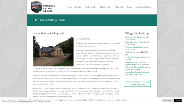 Screenshot of the Hadstock Village Hall website