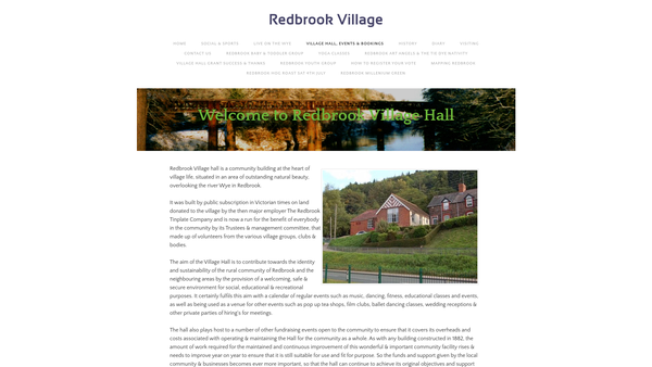 Screenshot of the Redbrook Village Hall website