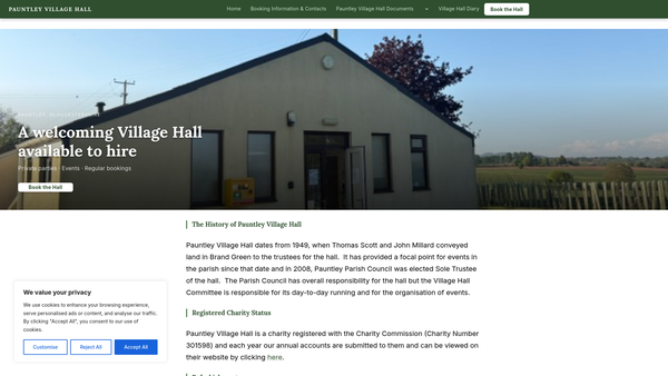 Screenshot of the Village Hall website