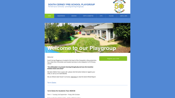 Screenshot of the South Cerney Pre-School Playgroup website