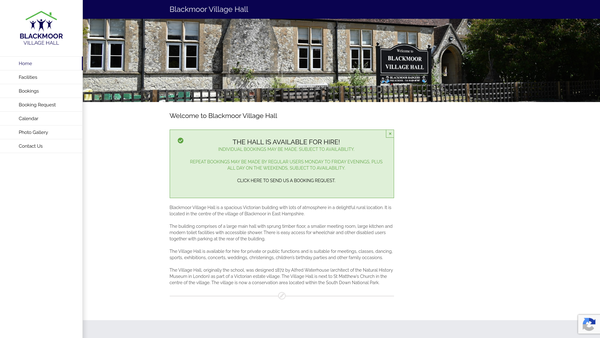 Screenshot of the Blackmoor Village Hall website