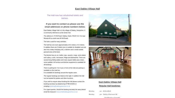 Screenshot of the East Oakley Village Hall website