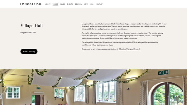 Screenshot of the Longparish Village Hall website