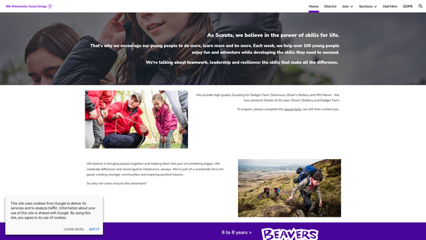 Screenshot of the 8th Winchester Scout Group website