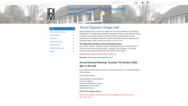 Screenshot of the Digswell Village Hall website