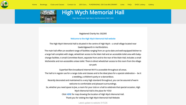 Screenshot of the The High Wych Memorial Hall website
