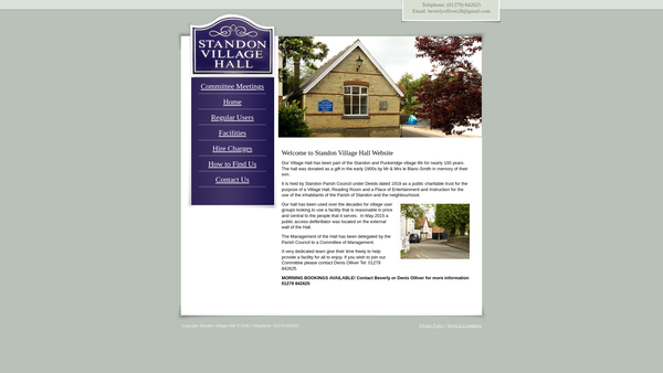 Screenshot of the Standon Village Hall website