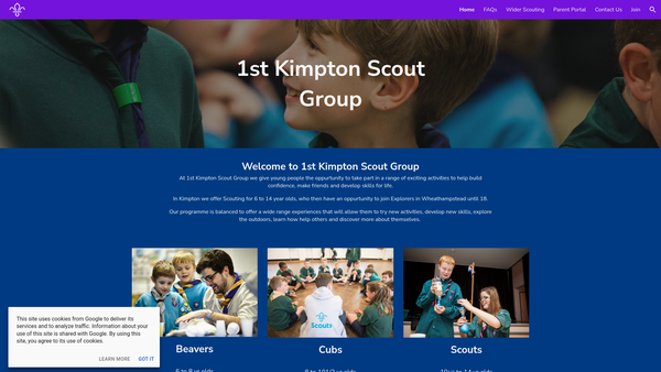 Screenshot of the 1st Kimpton Scout Group website