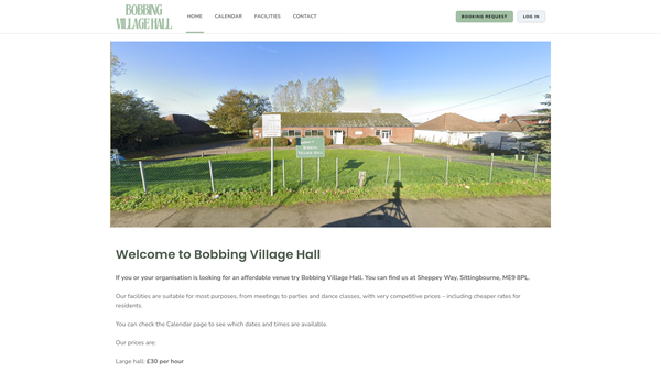 Screenshot of the The Bobbing Village Hall website