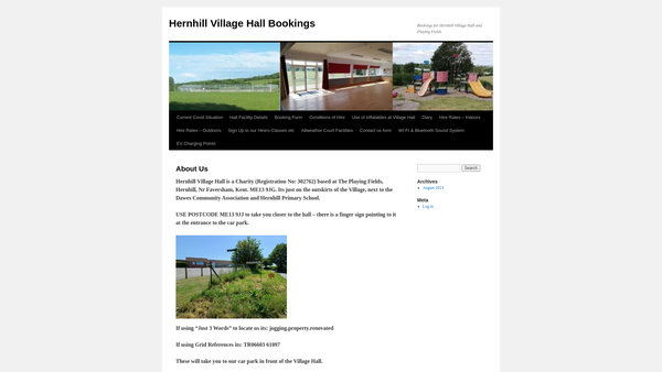 Screenshot of the Hernhill Village Hall And Playing Fields website