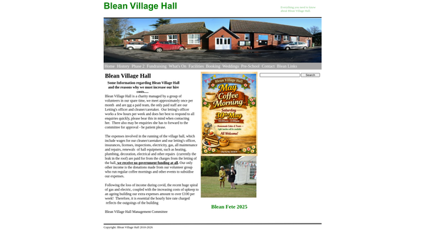 Screenshot of the Blean Village Hall website