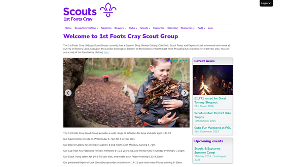 Screenshot of the 1st Foots Cray Scout Group website