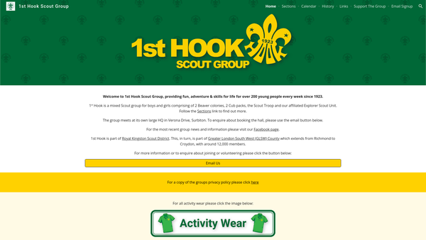 Screenshot of the 1st Hook Scout Group website