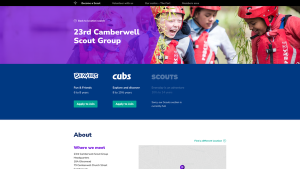Screenshot of the 23rd Camberwell (St Giles) Scouts Group website