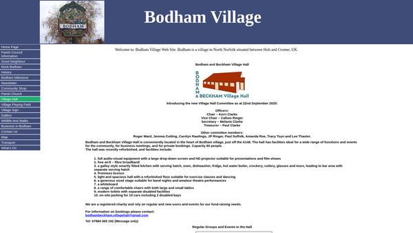 Screenshot of the Bodham Village Hall website