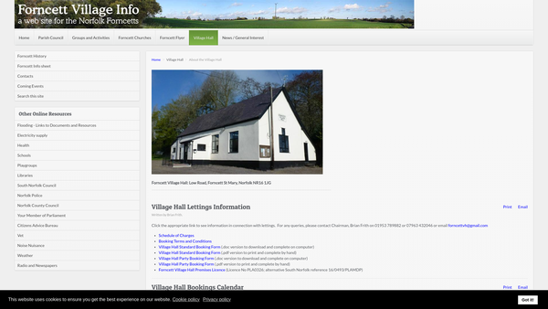 Screenshot of the Forncett Village Hall website