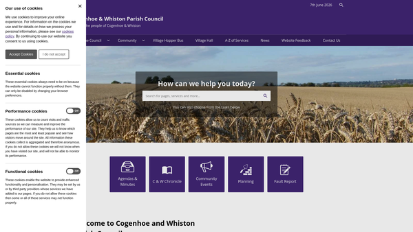 Screenshot of the Cogenhoe & Whiston Parish Council sole trustee of Cogenhoe & Whiston Village Hall & Playing Fields website