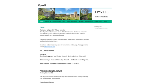 Screenshot of the Epwell Village Hall website