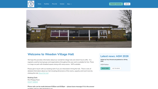 Screenshot of the Weedon Village Hall website