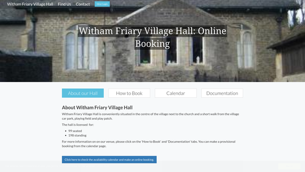 Screenshot of the Witham Friary Village Hall website
