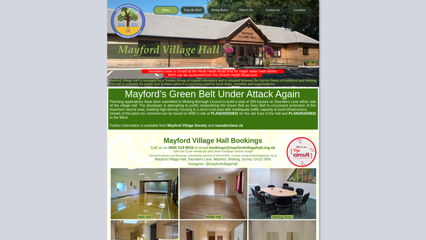 Screenshot of the Mayford Village Hall website
