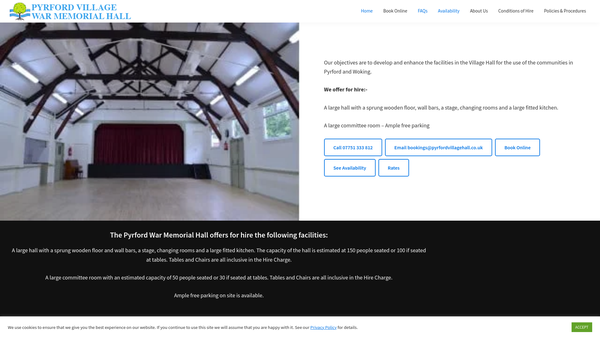 Screenshot of the Pyrford Village War Memorial Hall website