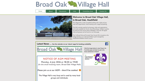 Screenshot of the Broad Oak Village Hall website