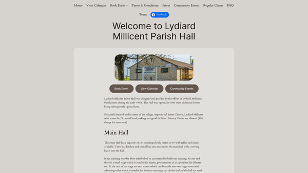 Screenshot of the Lydiard Millicent Parish Hall website