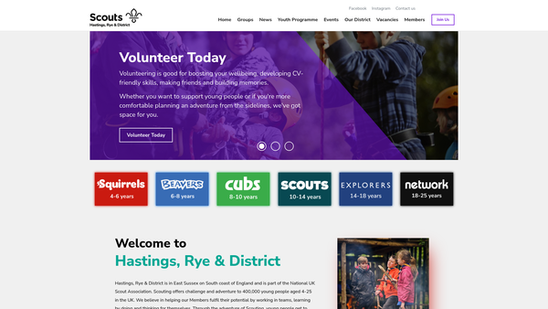 Screenshot of the Hastings Rye And District Scout Council website