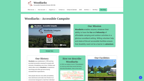 Screenshot of the Woodlarks Camp Site Trust website